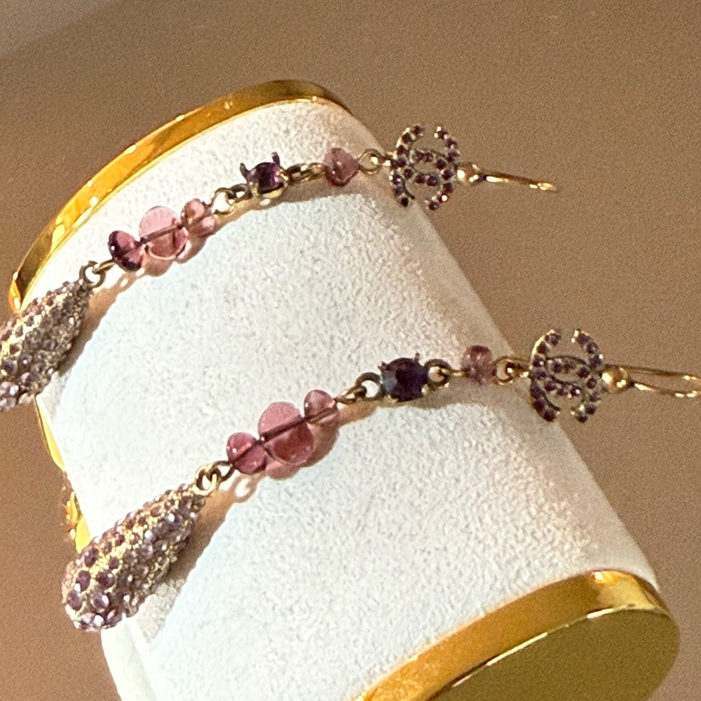 Chanel Vintage CC Purple Crystal & Rhinestone Drop Earrings - Bronze/Gold